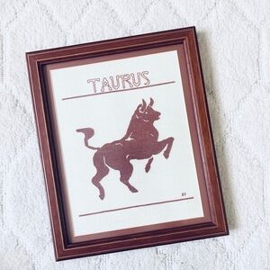 Vintage Framed Astrology Horoscope Taurus Maroon and White Needlepoint Wall art